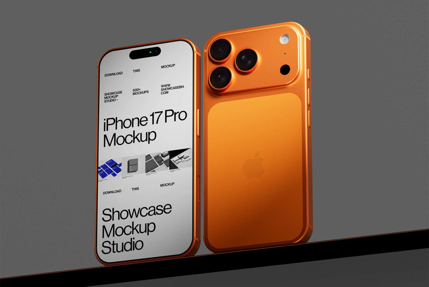 Orange iPhone 17 Pro mockup paired with white screen showing responsive design showcase