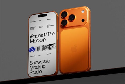 Orange iPhone 17 Pro mockup paired with white screen showing responsive design showcase
