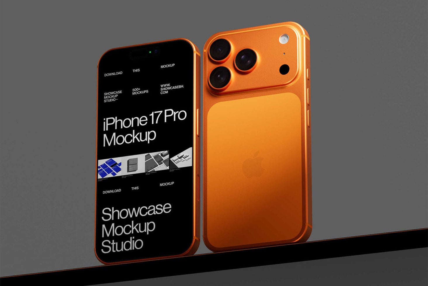 Bright orange iPhone 17 Pro mockup showing triple camera setup with blank screen