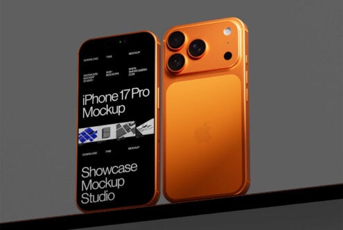 Bright orange iPhone 17 Pro mockup showing triple camera setup with blank screen