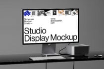 Clean display mockup on workspace showing studio website content with bright screen