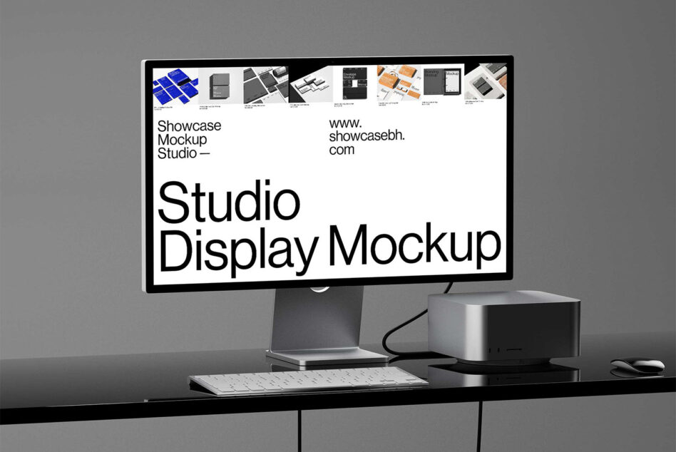 Clean display mockup on workspace showing studio website content with bright screen