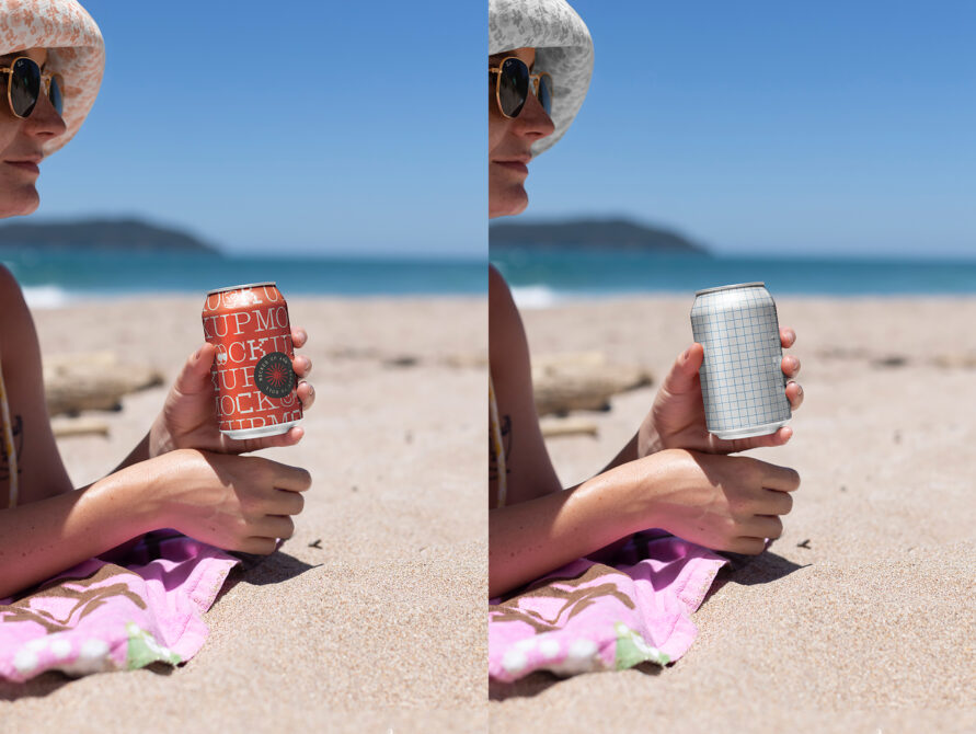 Before after beach scene showing slim can mockup comparison with custom design option