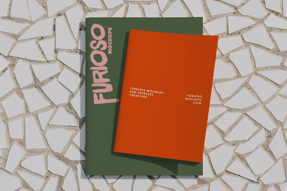 Green folder with pink Furioso text next to tilted orange card mockup