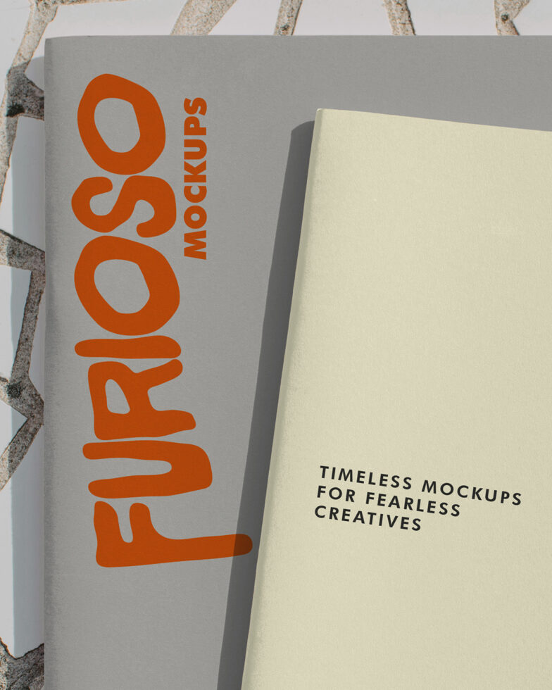 Gray box with orange Furioso Mockups text beside cream colored blank sheet