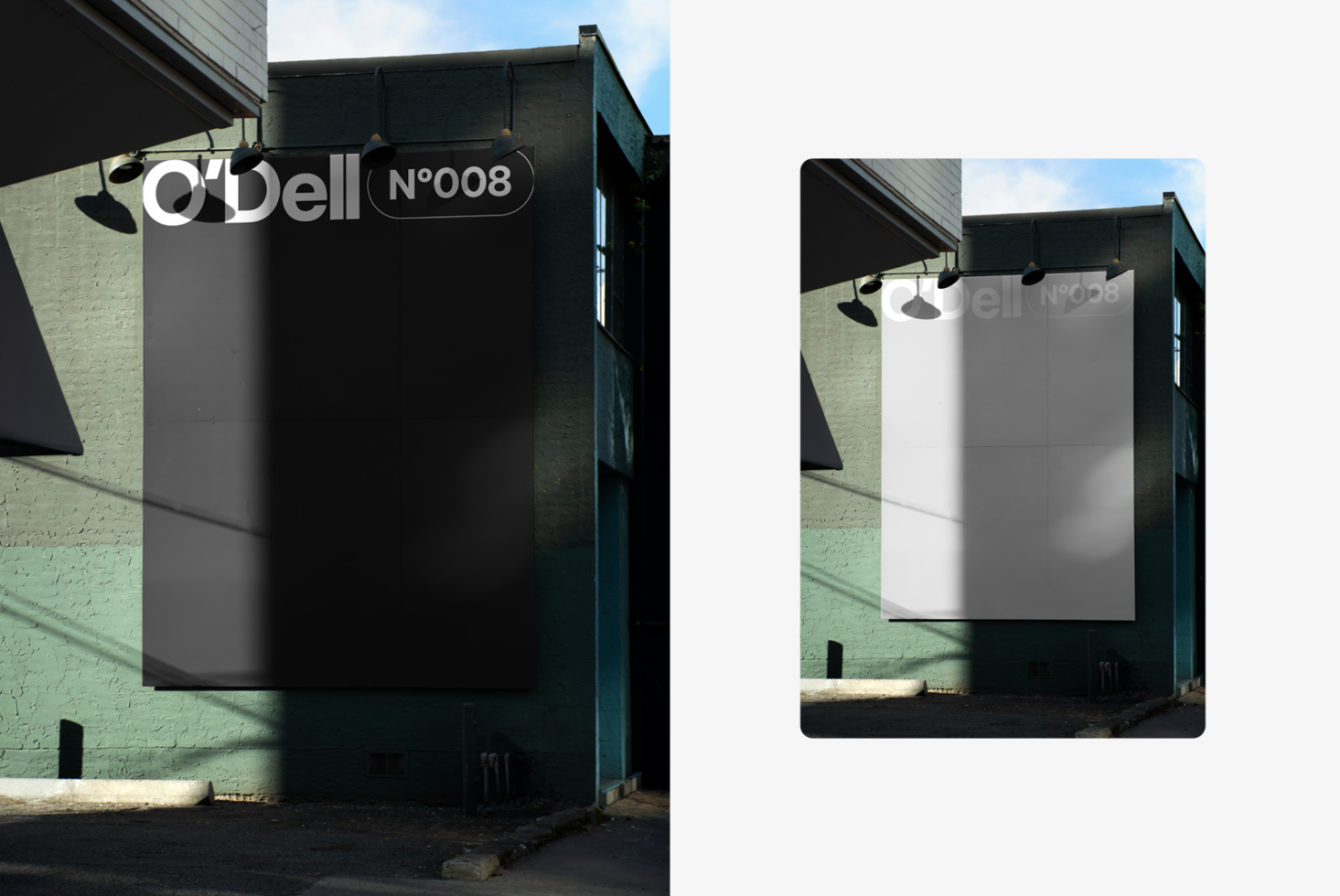 Street sign mockup showing O'Dell branding on industrial building with overhead lights