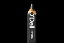 Detailed pencil mockup featuring O'Dell No.016 typography on dark background