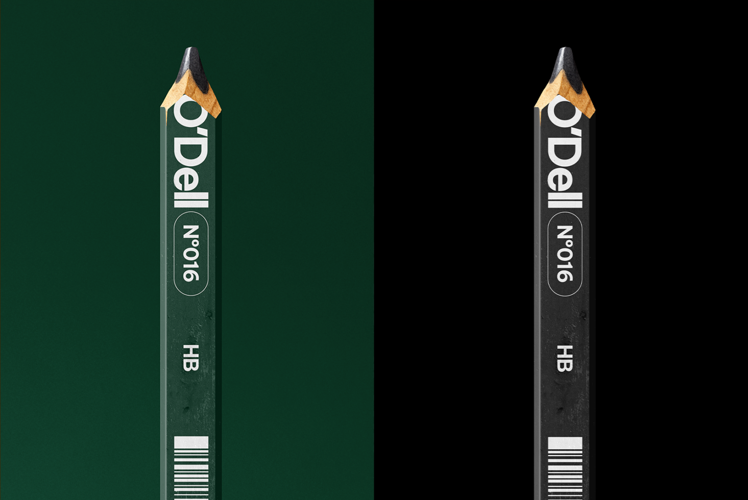 Pencil mockup showing O'Dell No.016 HB with sharpened wood tip on dual backgrounds