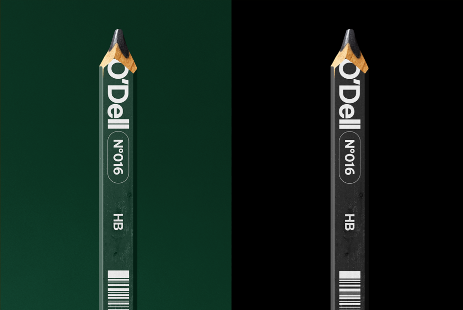 Pencil mockup showing O'Dell No.016 HB with sharpened wood tip on dual backgrounds