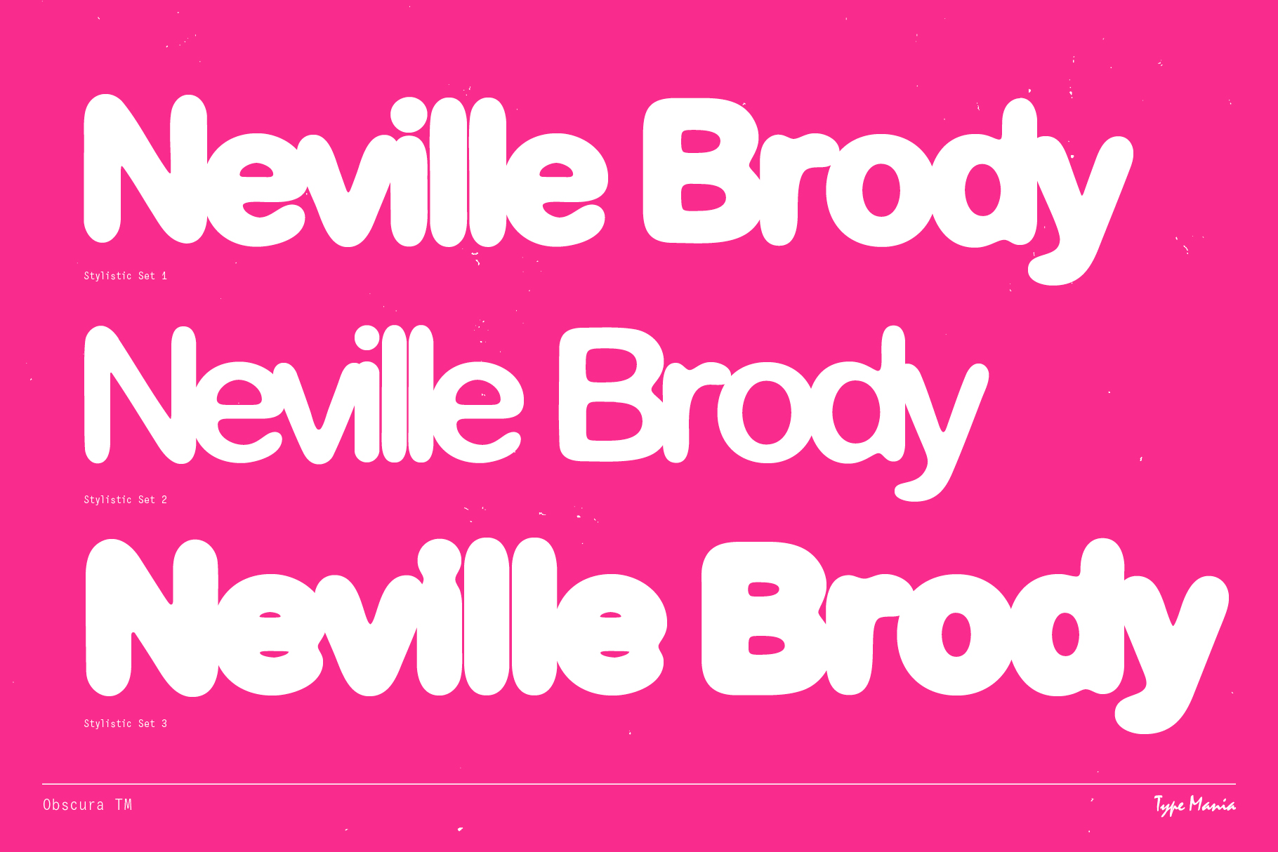 Neville Brody font three stylistic variations in white on pink