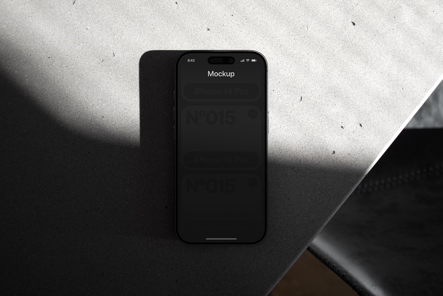 iPhone 14 Pro mockup with dark screen on concrete background