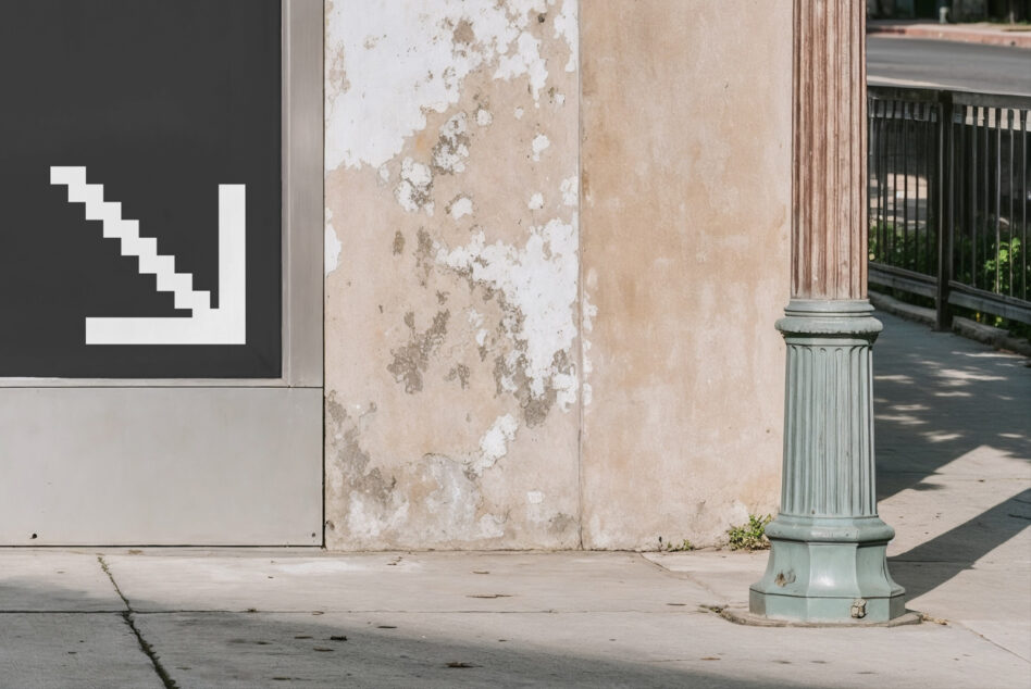 Weathered concrete wall with white pixel arrow on dark signage beside column