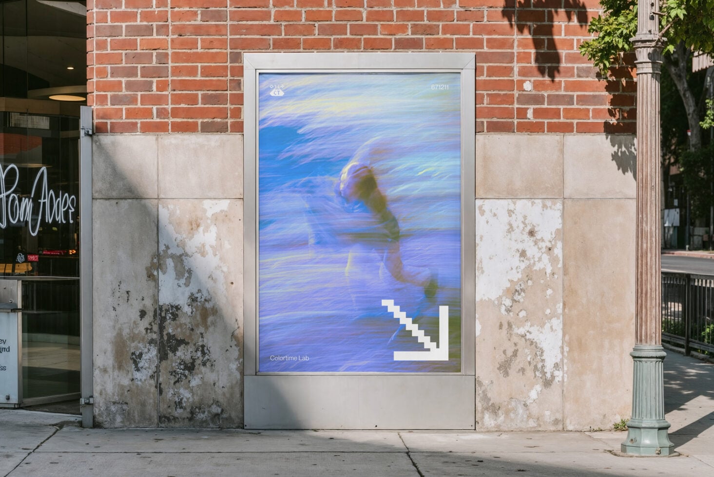 Street-level display screen showing blurred motion figure in blue water with white pixel arrow
