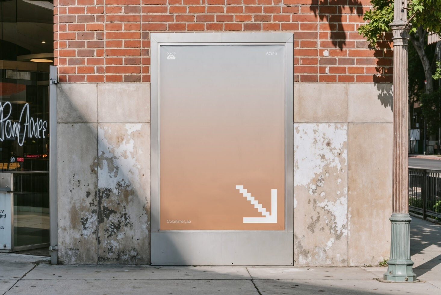Street display screen with peachy gradient showing white pixel arrow in lower right