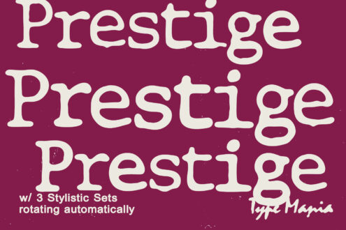Prestige typeface stacked three times in cream on burgundy background