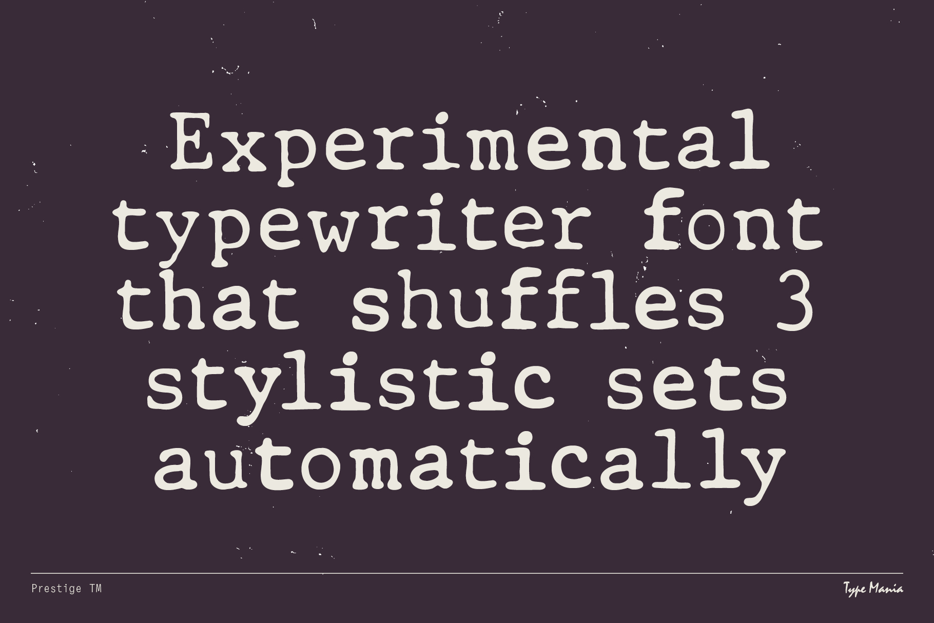 Prestige font in cream on dark purple with rotating stylistic character sets