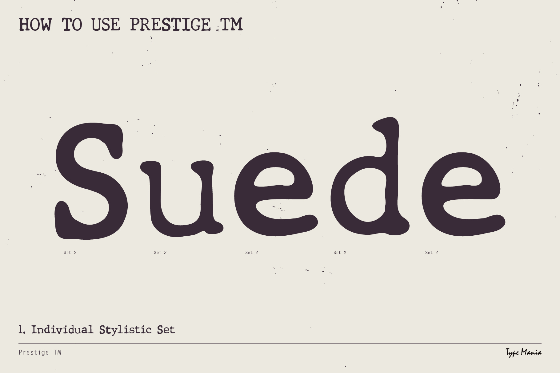 Prestige font specimen displaying individual stylistic set in large letters