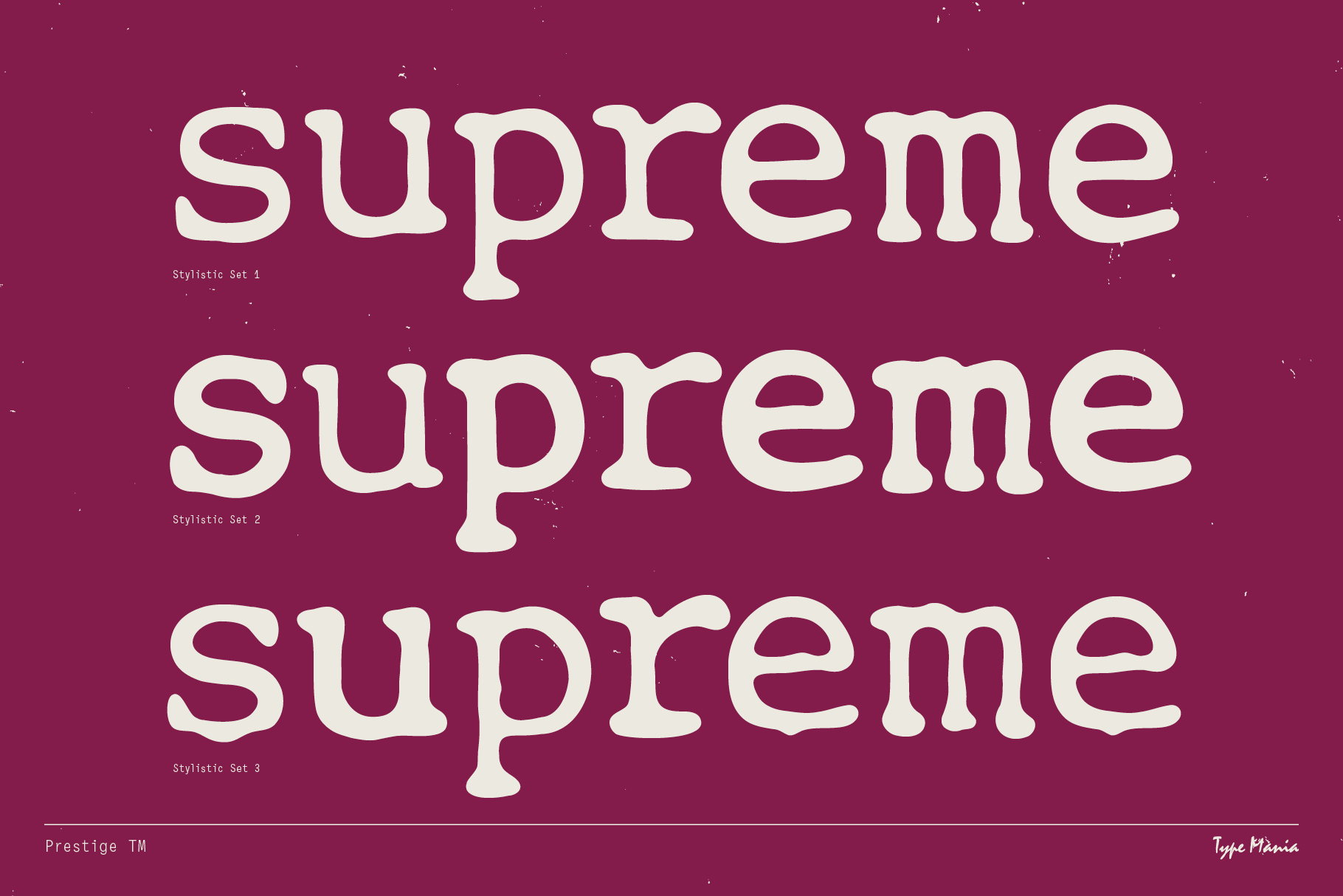 Word Supreme repeated three times showing different stylistic variations on magenta