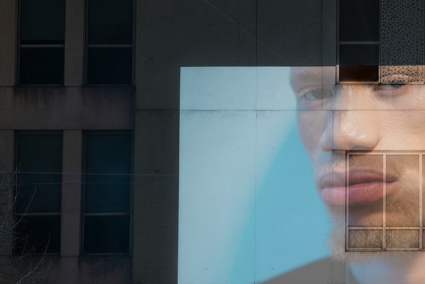 Portrait face split across blue panel on dark building wall