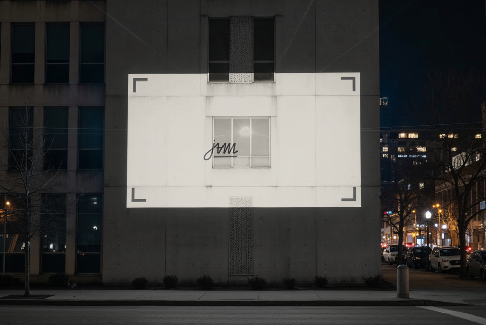 Minimal white billboard mockup with corner brackets on building facade