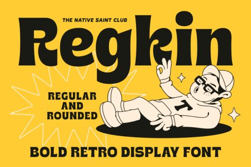 Bold retro black font called freglain with cartoon character on yellow background