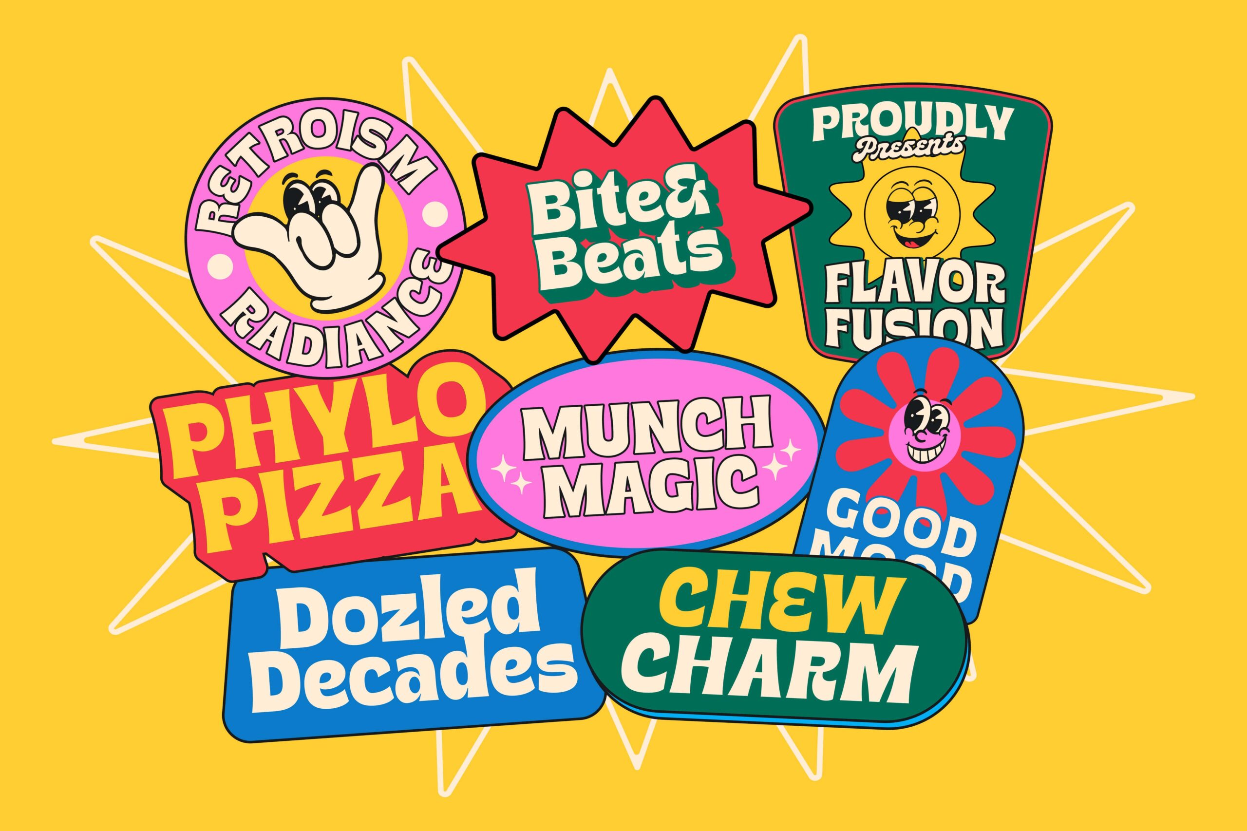 Colorful vintage snack brand logos arranged on yellow background including bite beats munch magic