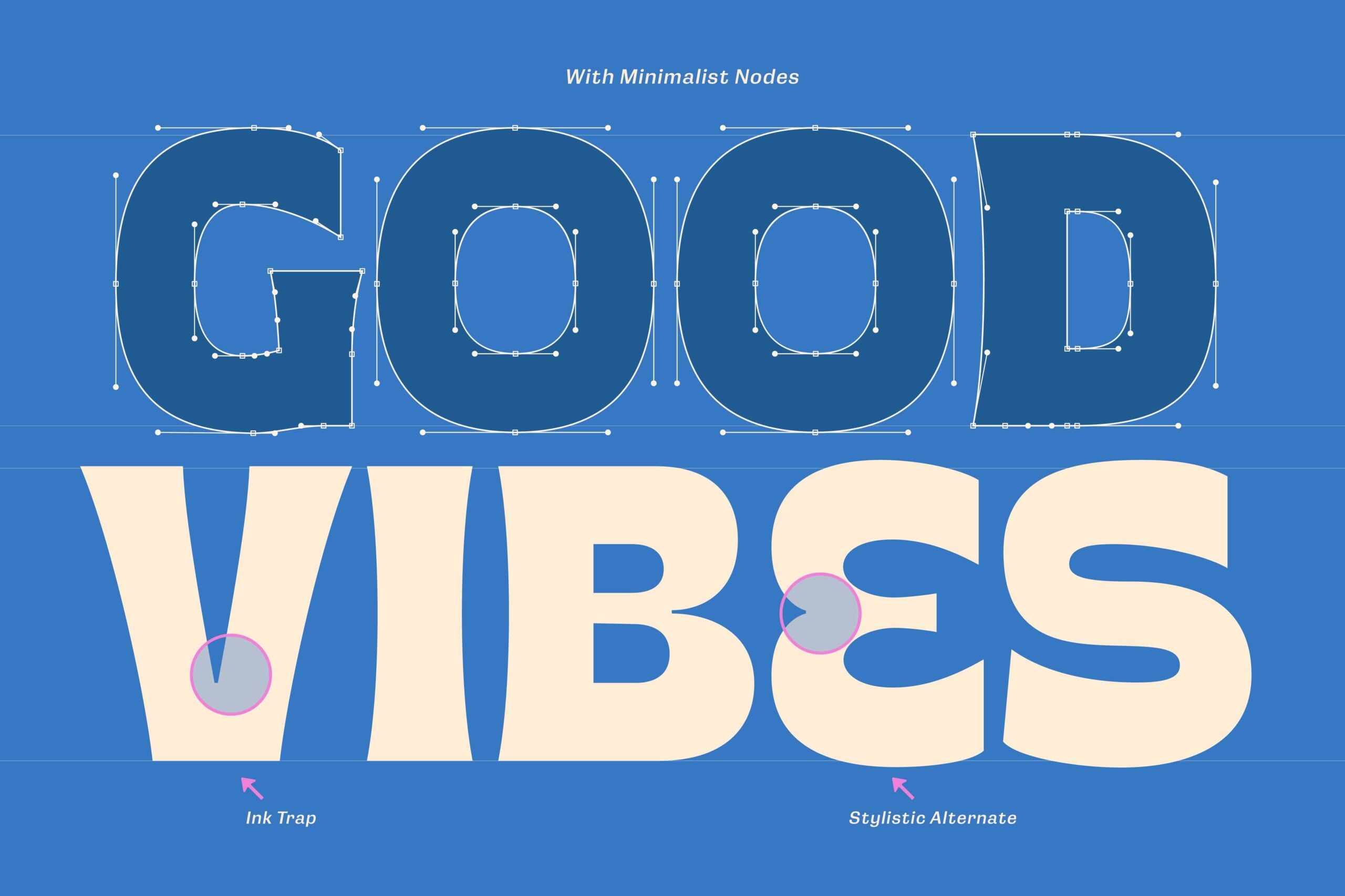 Good Vibes font with minimalist nodes shown as blueprint style letters on blue