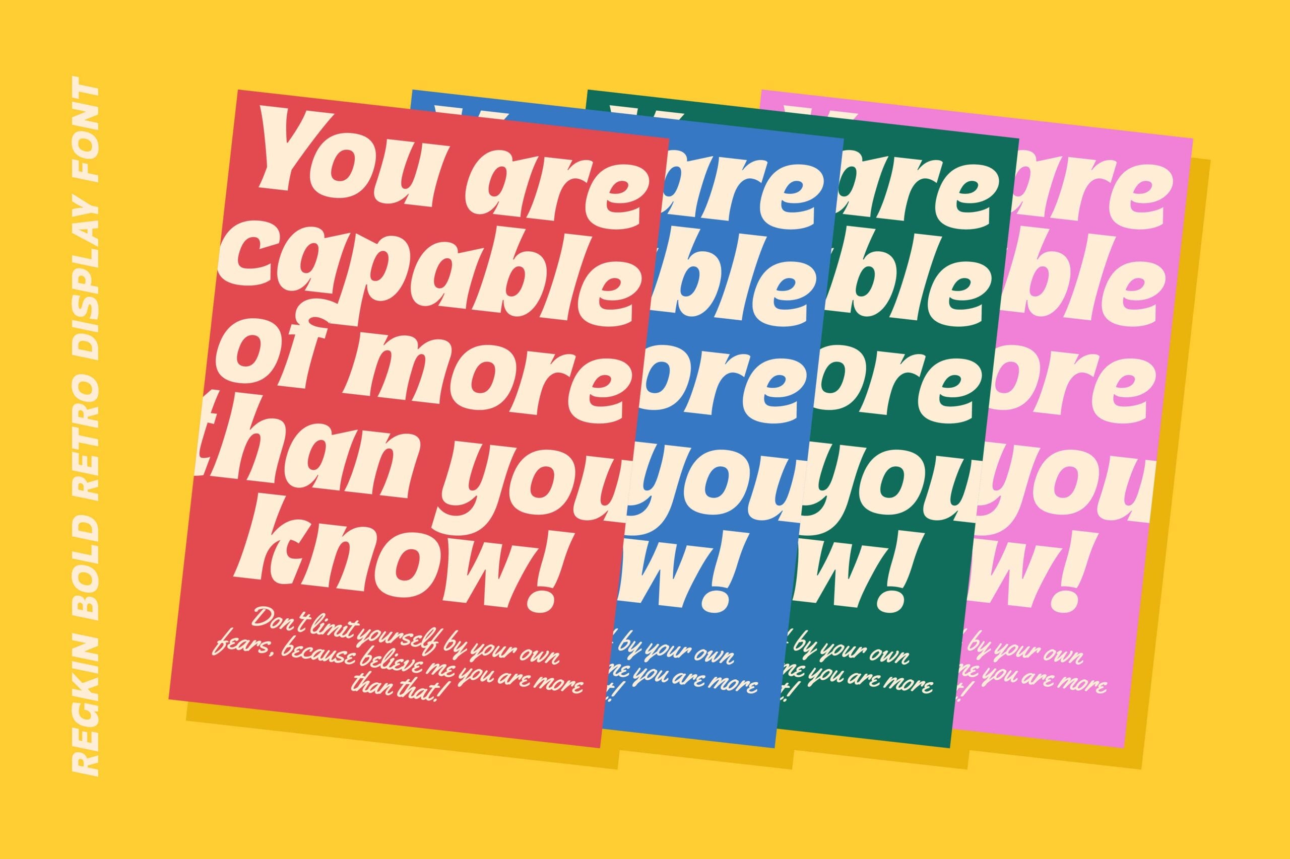Four overlapping colorful posters showing italic retro display font on yellow background