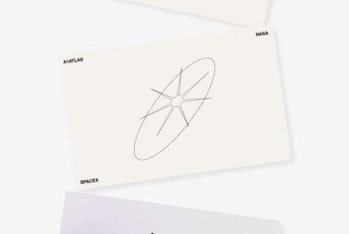 Cream colored card with minimalist line drawing of satellite, space agency labels