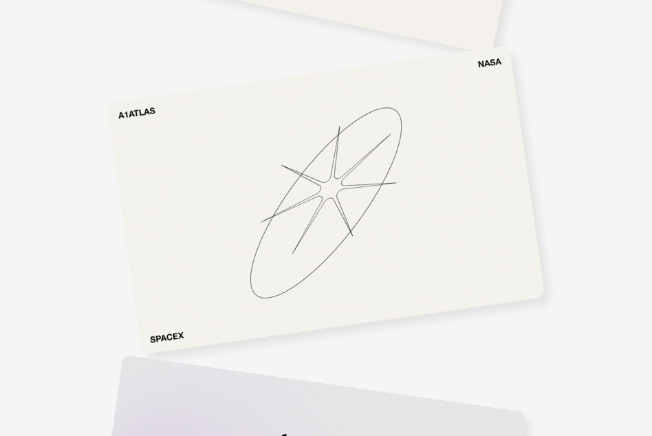 Cream colored card with minimalist line drawing of satellite, space agency labels