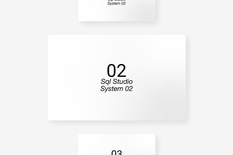 Minimalist white card layout showing Sql Studio System 02 typography