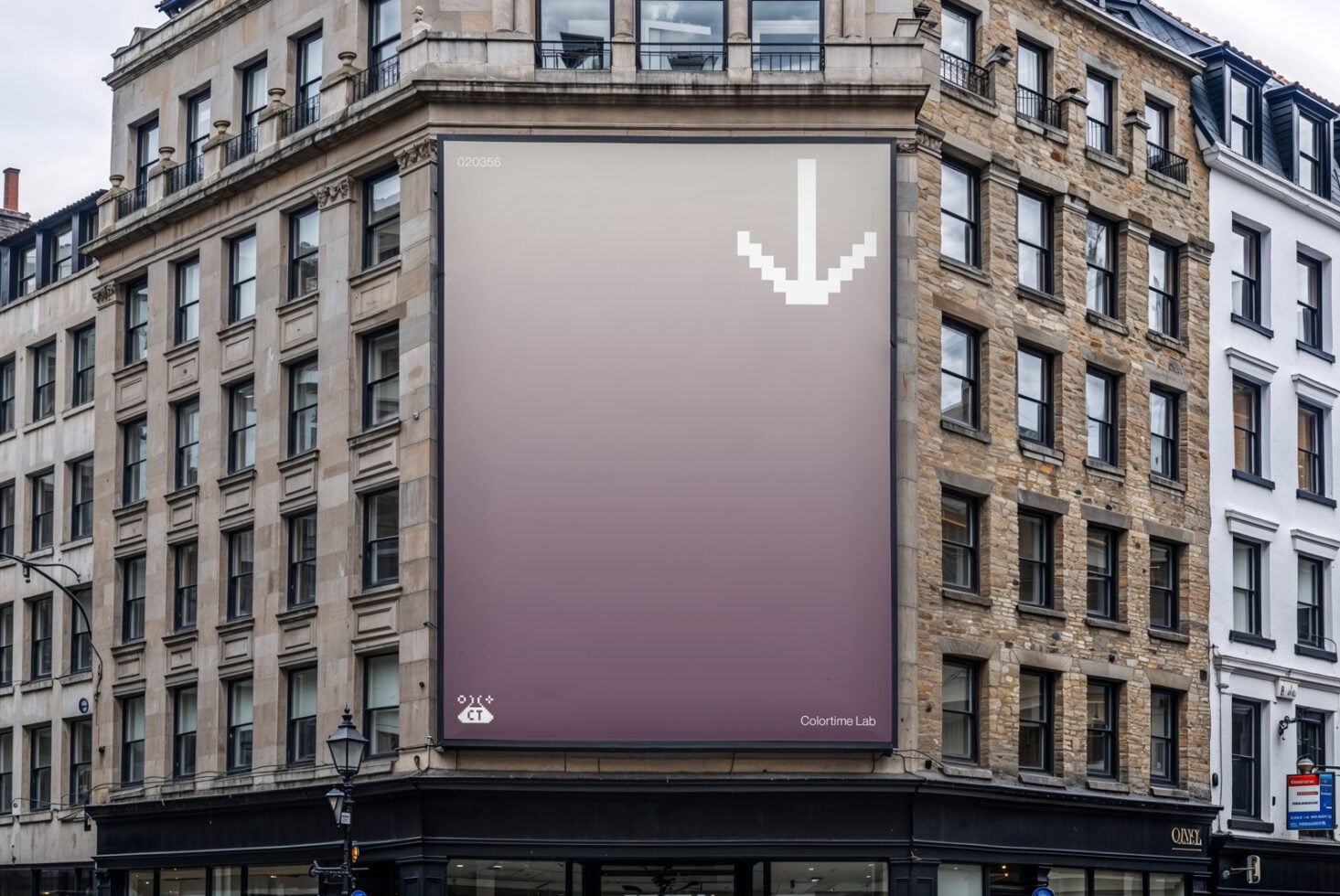Corner billboard with mauve gradient, small white pixel icon in center