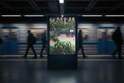 Metro station billboard showing basketball court with jvmi logo, commuters walking