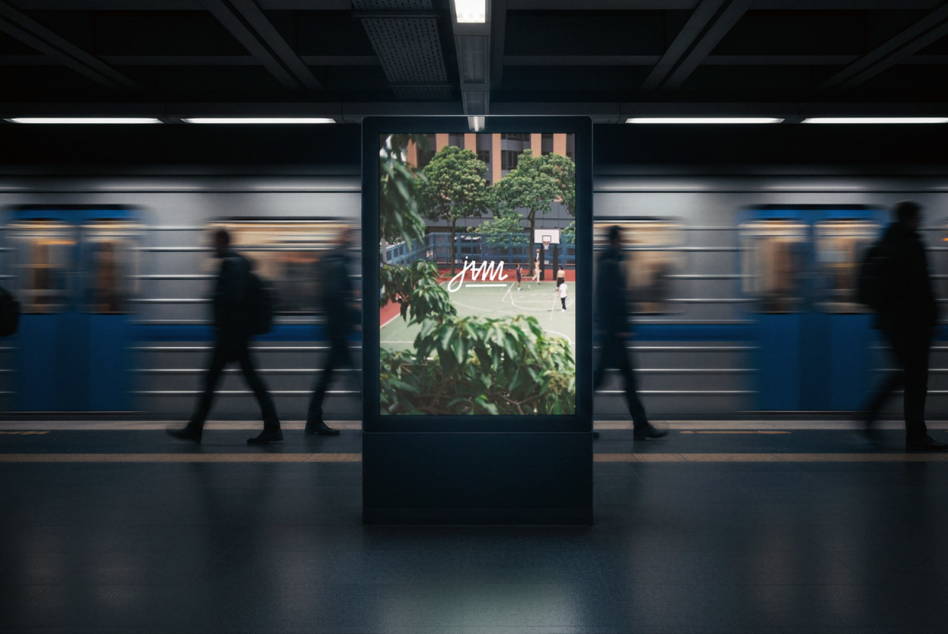 Metro station billboard showing basketball court with jvmi logo, commuters walking