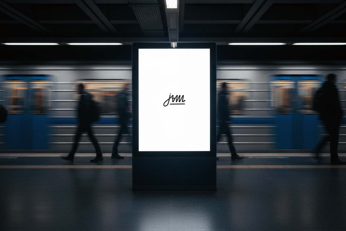 Blank white metro station billboard with small jvmi script logo centered