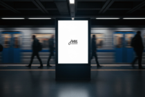 Blank white metro station billboard with small jvmi script logo centered