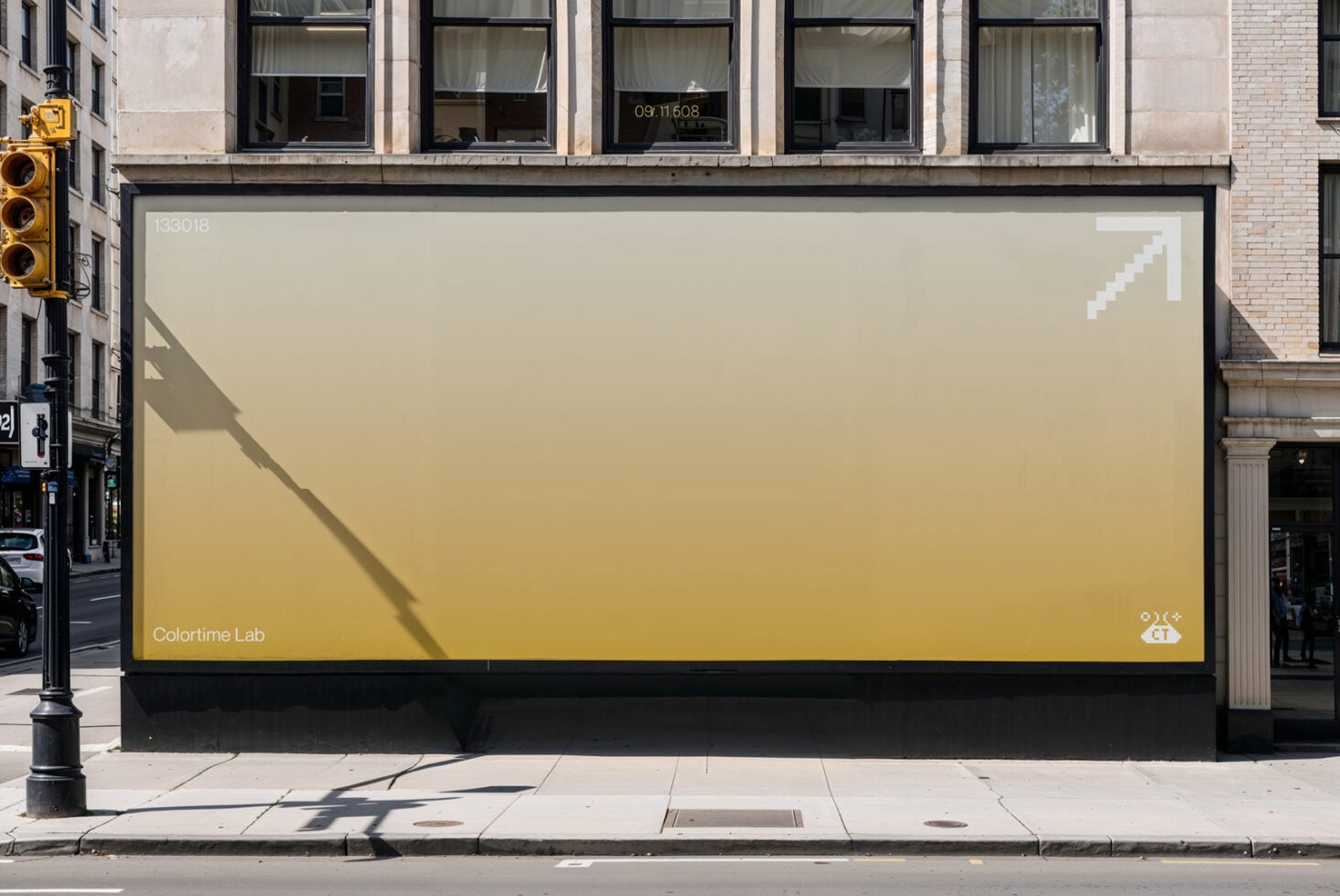 Storefront billboard with soft peachy gradient background displaying white pixel arrow