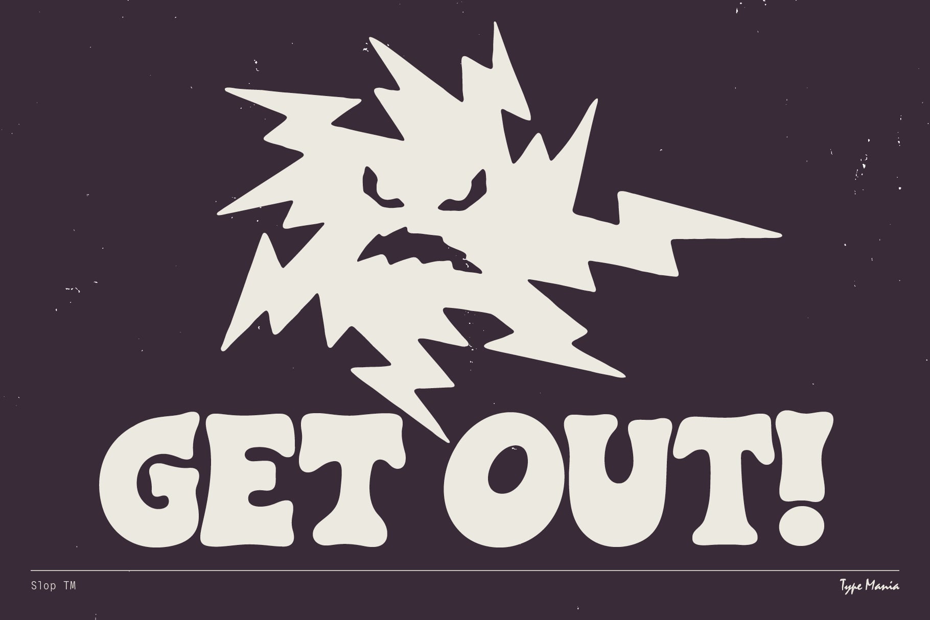 Get Out explosive cream typeface with lightning bolt character on dark purple