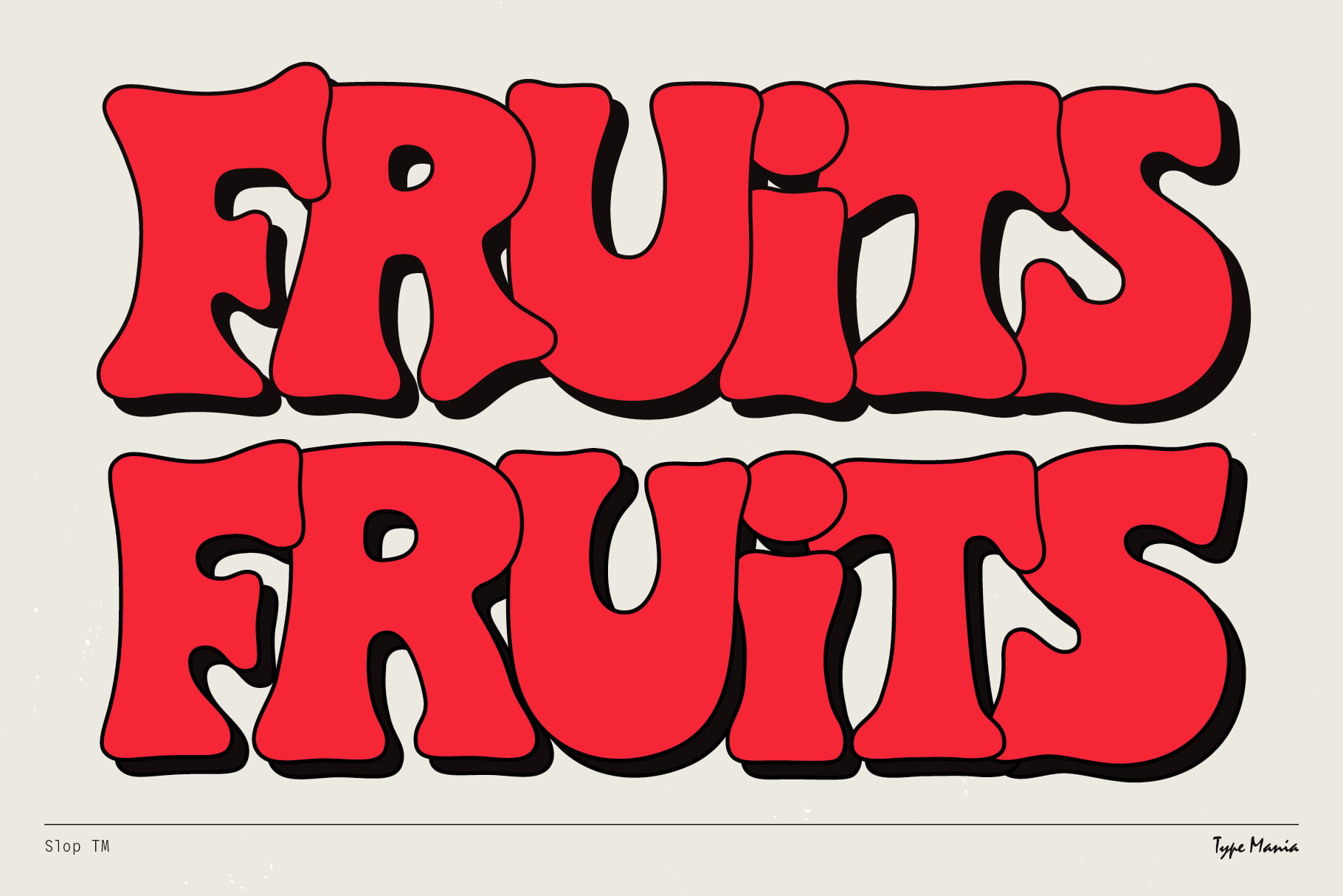 Fruit plus Fruits bold red display font with black outline letters