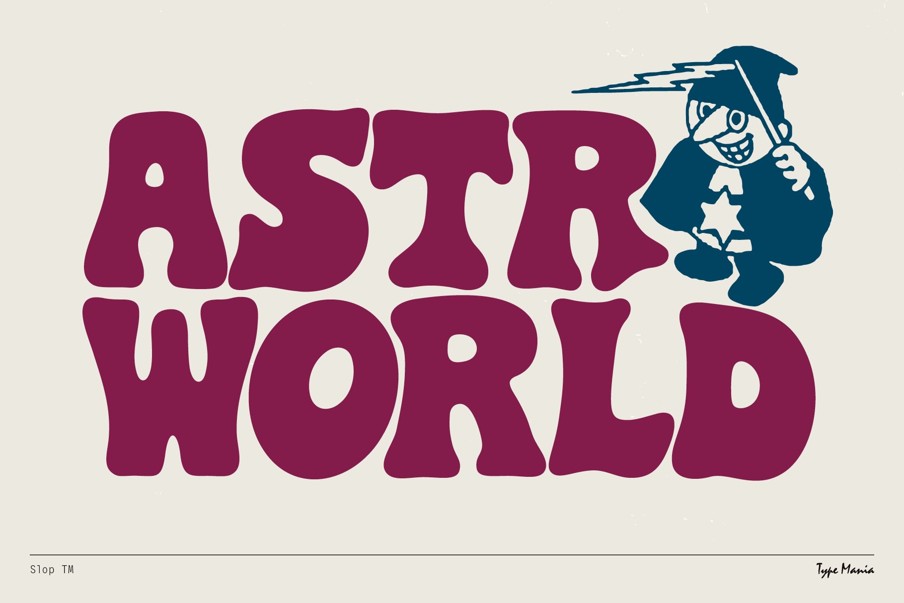 Maroon wavy font displaying A STR WORLD with wizard character holding wand