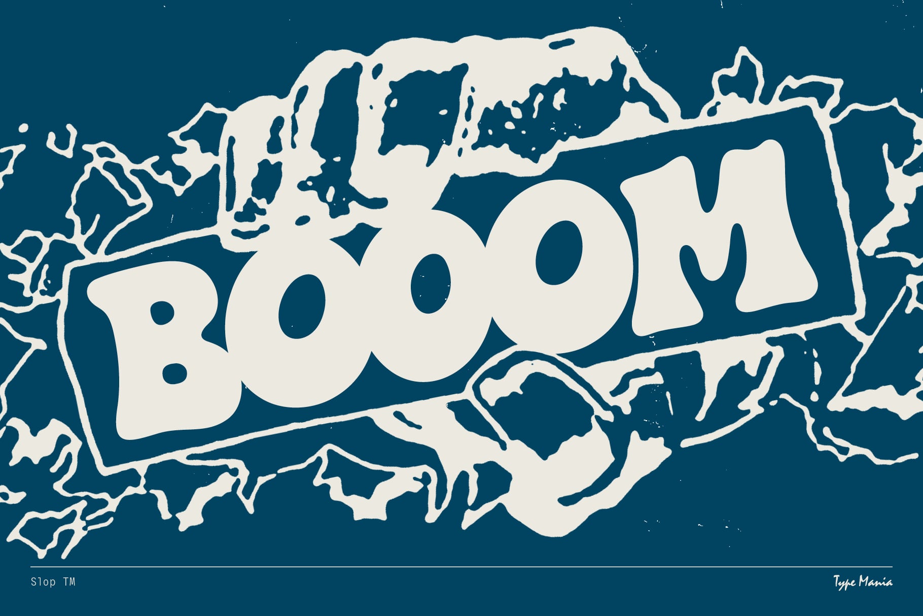 Cream blocky letters forming BOOM overlaid on map on teal background