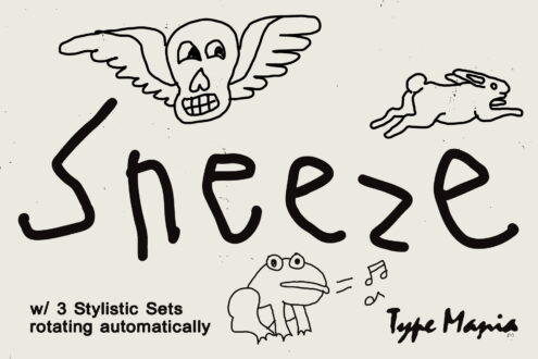 Sneeze word with winged skull, flying rabbit, character illustrations on beige