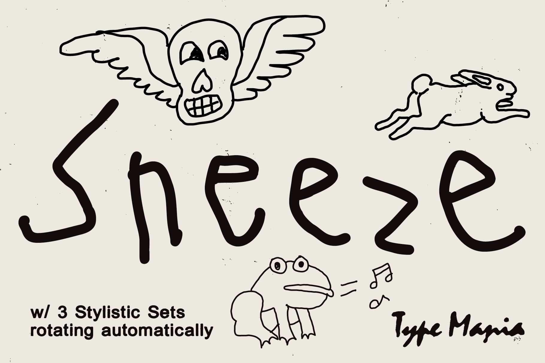 Sneeze word with winged skull, flying rabbit, character illustrations on beige