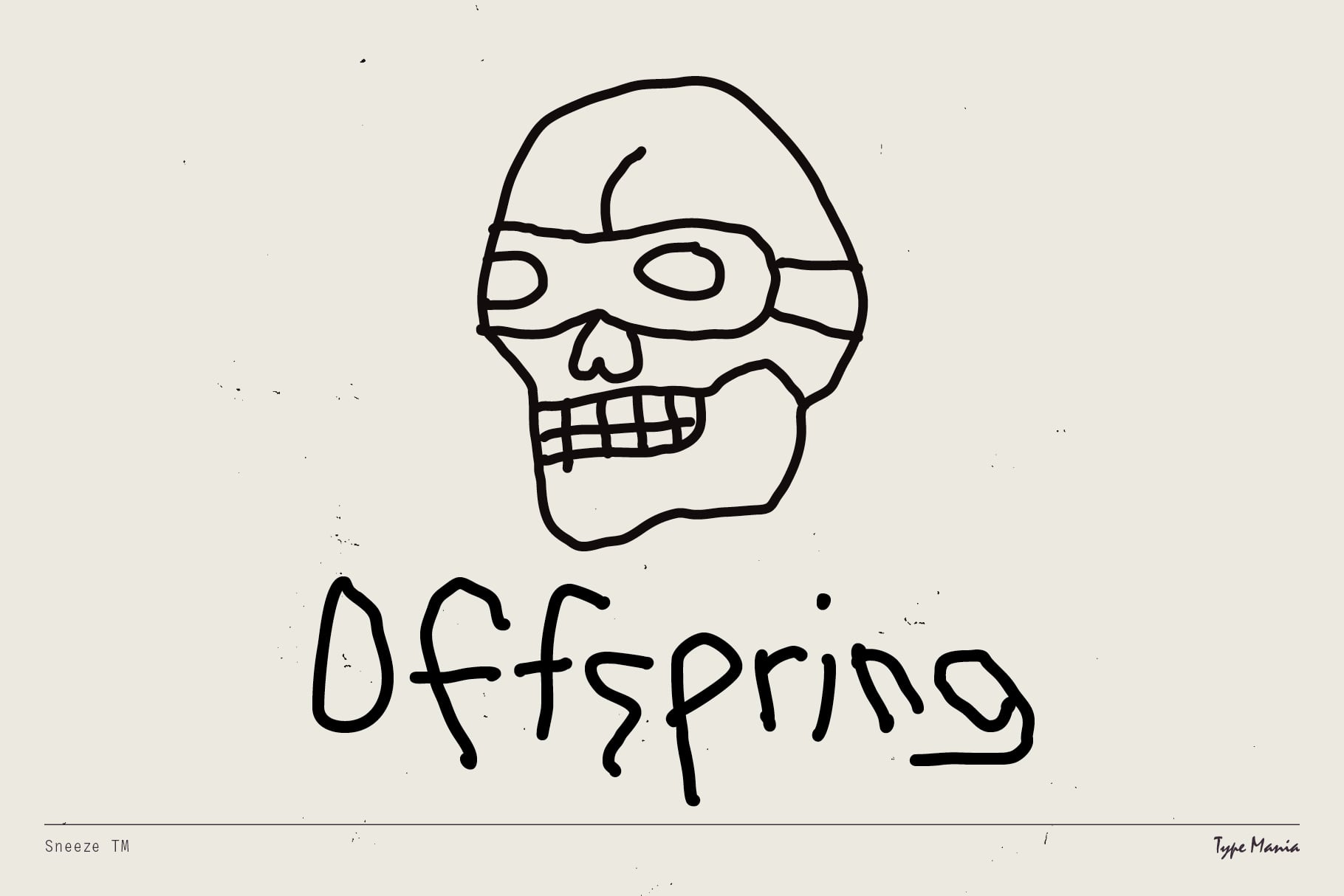 Skeleton head with eye mask on cream background above Offspring text