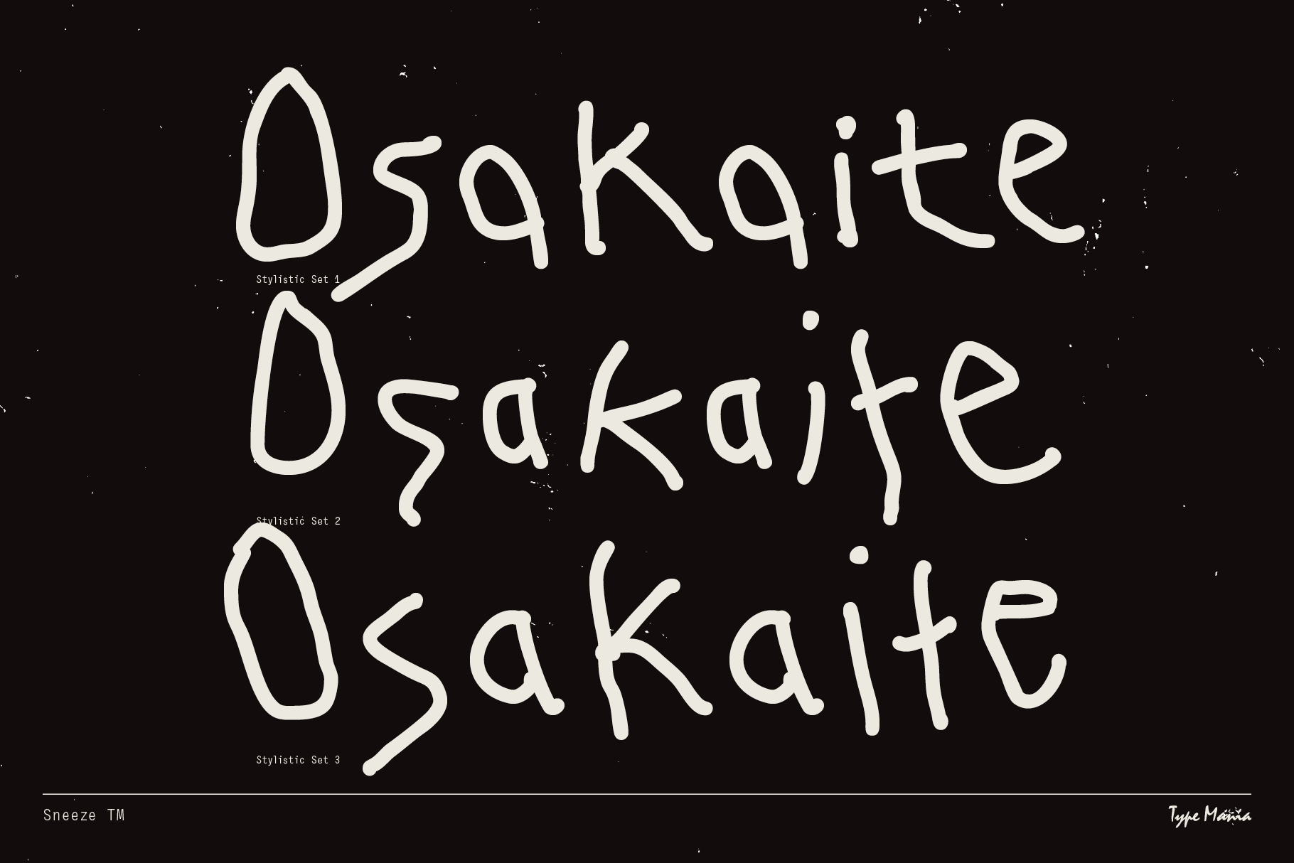 Osakajte font shown three times with different stylistic sets on black