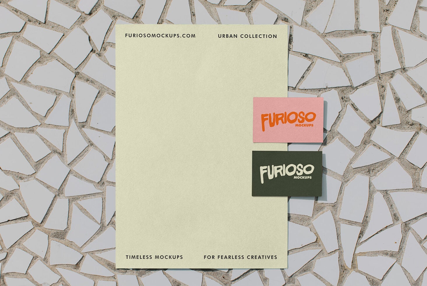 Stationery mockup with business cards on cream poster flatlay