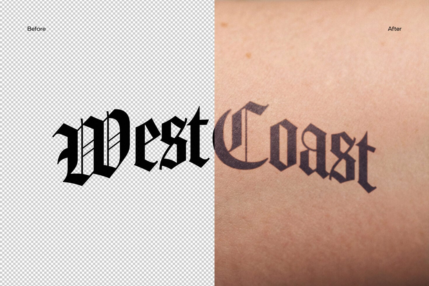 Before after text effect on skin showing gothic font transformation