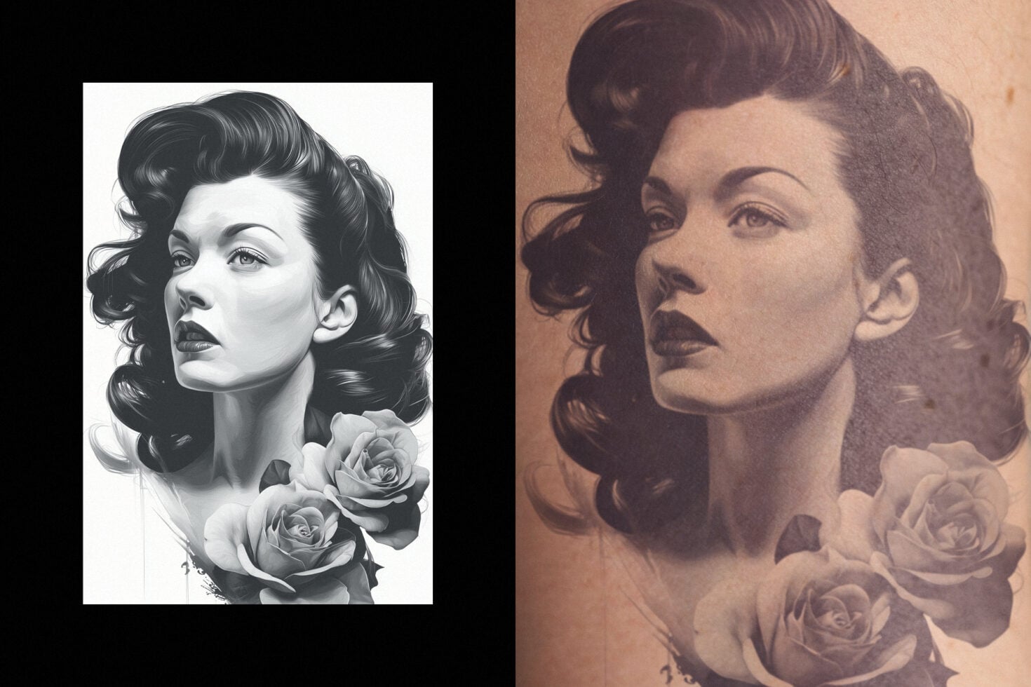 Vintage portrait mockup comparing sketch to painted skin version