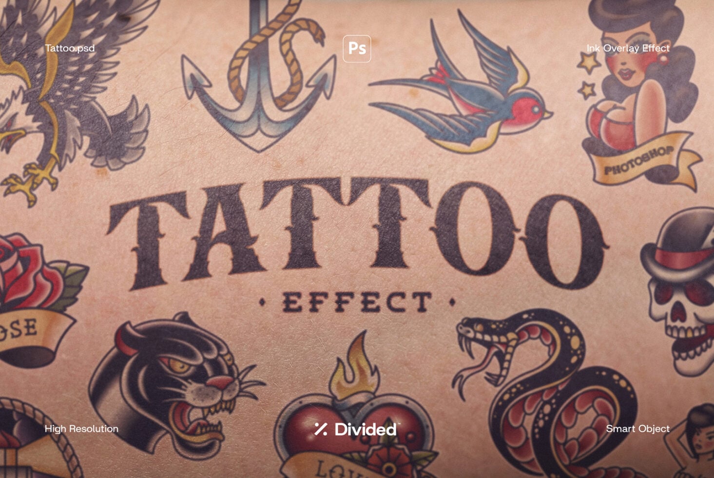 Tattoo effect mockup with classic flash designs, Photoshop smart object