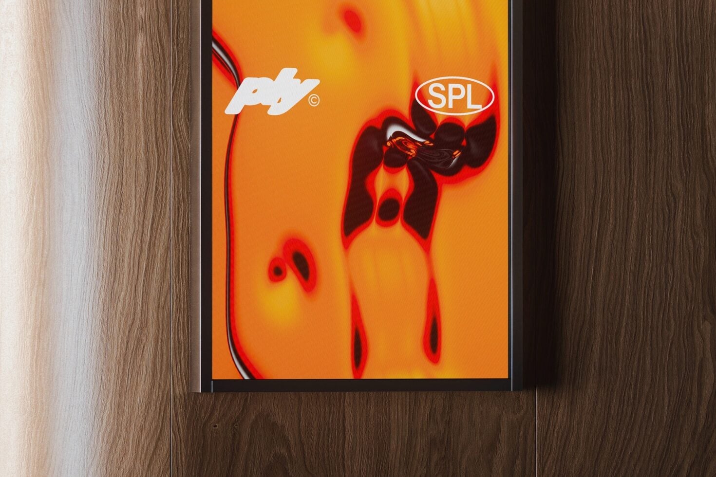Portrait frame mockup with neon red bow on orange gradient background mounted on wood paneling